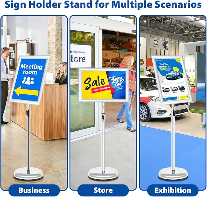 6Packs Floor Standing Sign Holder Stands for Display 11x17Inch Pedestal Poster Sign Stand, Adjustable Sign Holder Stand for Vertical & Horizontal View Sign Display Stand, Silver