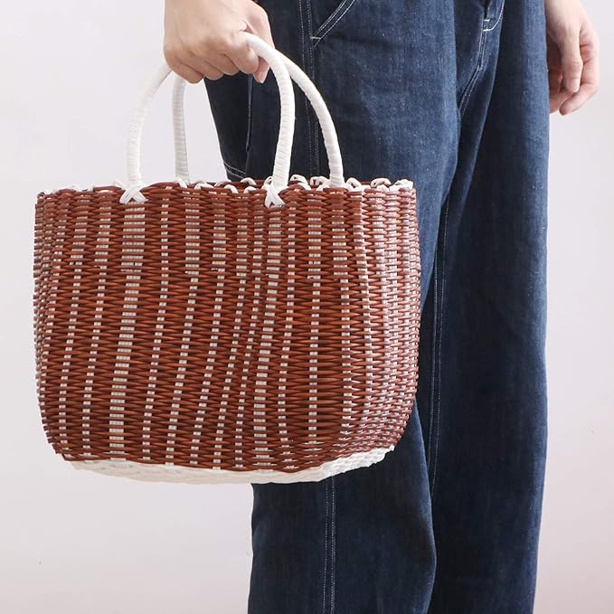 Cabilock Plastic Woven Tote Basket with Handles 13.8X9.4X5.5 Inch Lightweight Portable Storage Basket for Grocery Shopping Bathroom Organization and Home Use