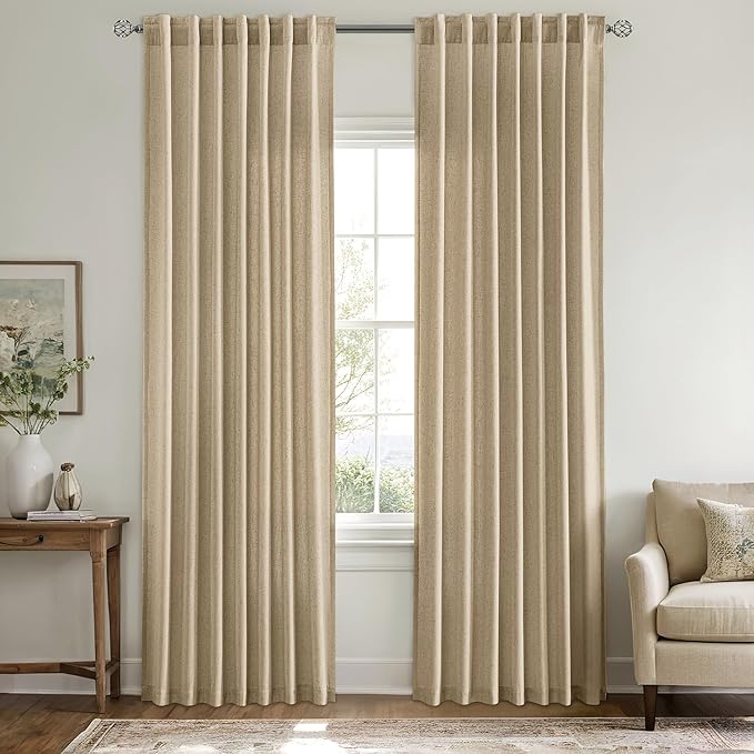 MIULEE Non-See-Through Privacy Linen Curtains 2 Panels, Light Filtering Window Curtains Farn House Textured Back Tab Semi Sheer Drapes for Bedroom Living Room, 52 x 72 Inches Long, Copper Brown