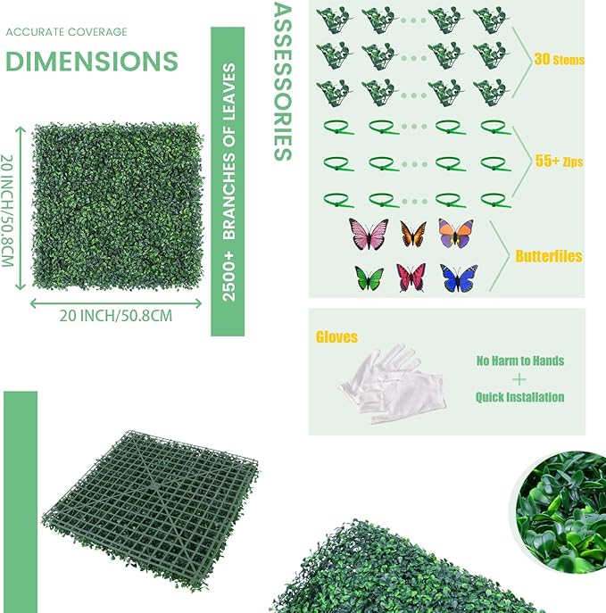 12 Pieces 20” X 20” (33.3 Sq.Ft) Artificial Hedge Boxwood Panels UV Protected Boxwood Hedge Grass Wall Green Greenery Plant Mats Backdrop Panels for Indoor Outdoor Garden Backyard Fence
