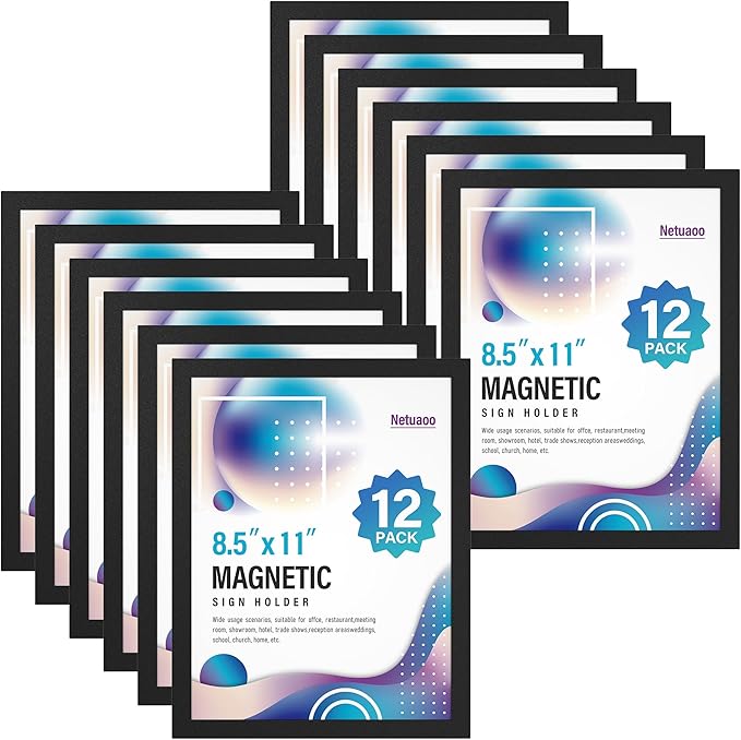 Magnetic Sign Holder 8.5 x 11 Inches Self-Adhesive Magnetic Display Frame 12 Pack Magnet Sign Holders Picture Frame Document Holder for Wall, Window, Classroom, Office, Poster Store (The back is self-adhesive)