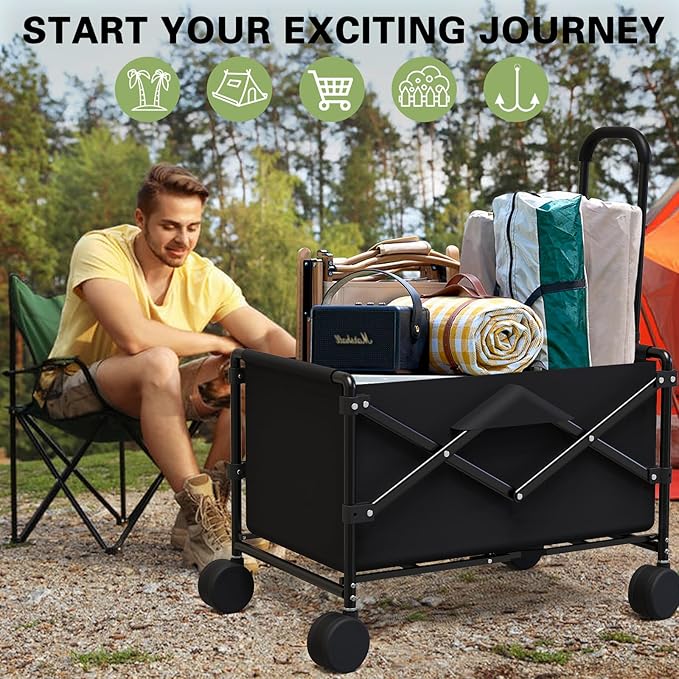 Collapsible Folding Shopping Cart, Portable Foldable Wagon with 220lbs Large Capacity, Collapsible Utility Wagon Cart for Shopping, Grocery, Camping, Gardening