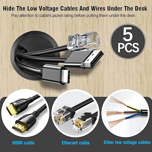 2" Spring Desk Grommet, JTemgle Plastic Cable Hole Cover Computer Table Cord Wire Organizer Caps Desktop Cord Management for Home Office TV Stands Tabletops - Black, 5 Pcs