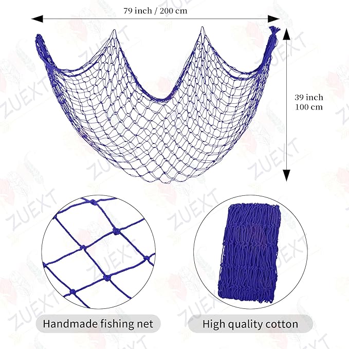 ZUEXT Dark Blue Decorative Fishing Net 80x40 Inch, 2PCS Picture Fish Net, Mermaid Net Cotton Fishnet Wall Hanging Decor for Hawaiian Nautical Beach Party, Fishnet Photo Display Sea Themed FishNet