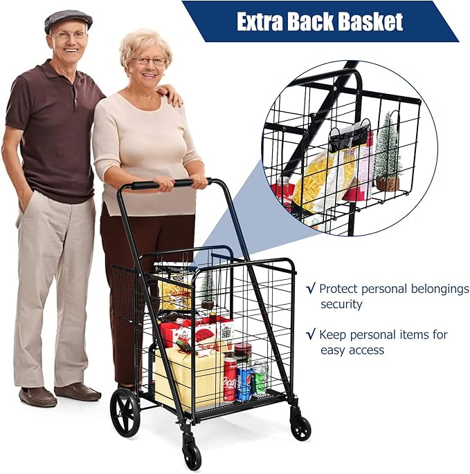 Goplus Folding Shopping Cart, Jumbo Double Basket Utility Grocery Cart 330lbs Capacity with 360° Rolling Swivel Wheels, Portable Heavy Duty Cart for Laundry Shopping Grocery