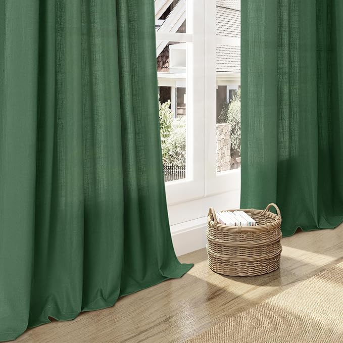 Nanspring Green Linen Curtains for Living Room 2 Panels Set Extra Long Back Tab Light Filtering Semi Sheer Curtain Drapes for Bedroom Neutral Farmhouse Ceiling to Floor for Large Window 52x100