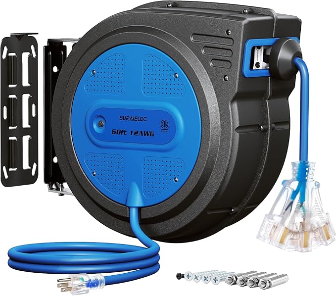 SURAIELEC 12 Gauge Extension Cord Reel, 60 FT Retractable Extension Cord, 12 AWG/3C SJTOW Heavy Duty Power Cord, 13 AMP Circuit Breaker, Lighted Triple Tap, Ceiling or Wall Mount, ETL Listed, Blue