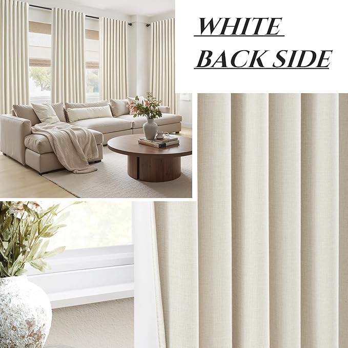 Cute Blackout Curtains 60 Inches Extra Wide Linen 96 Inch Length for Living Room/Sliding Glass Door,Pleated Heavy Duty Thermal Drapes for Winter Thick Large Window(60"Wx96"L 2 Panels Warm Cream)