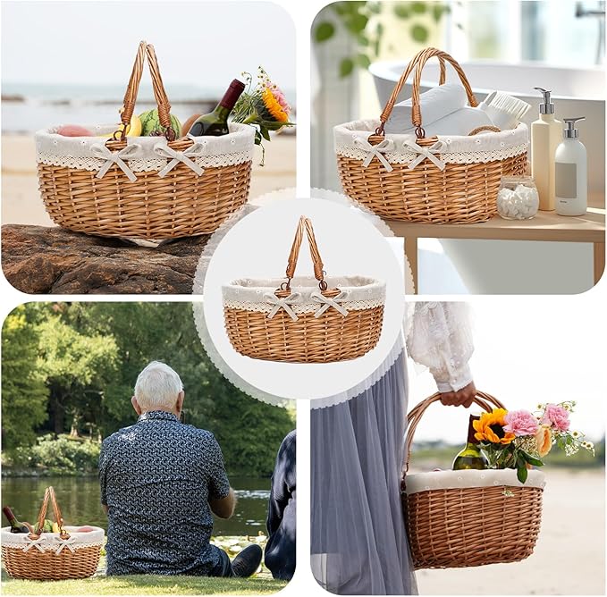 G GOOD GAIN Wicker Picnic Basket with Double Folding Handles,Willow Picnic Hamper,Natural Hand Woven Easter Basket,Easter Eggs and Candy Basket,Bath Storage,Gift Packing Basket.White