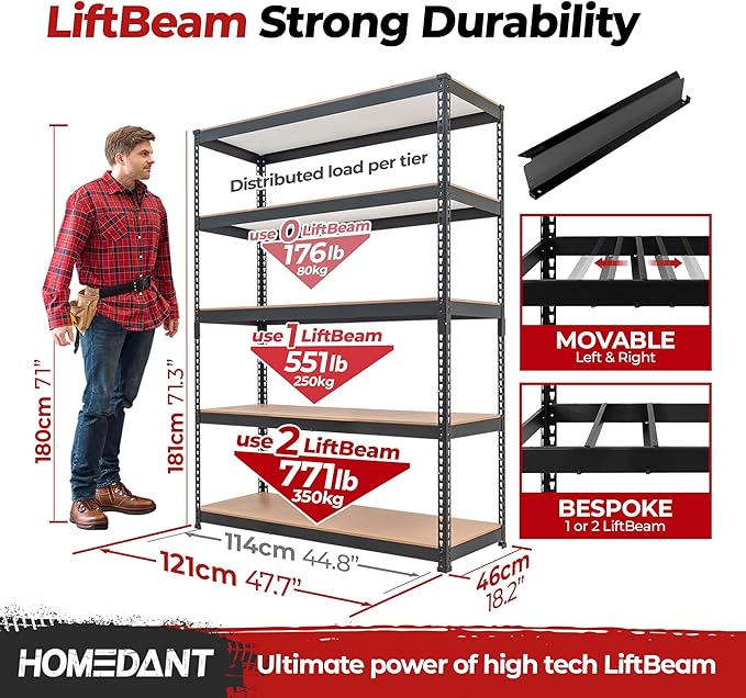 HOMEDANT 5 Tier Storage Shelves Adjustable Laminated Boltless Garage Metal Shelving Unit Heavy Duty Utility Rack Shelf Warehouse Pantry Closet Kitchen (10, (L) 48.1" W, Black)