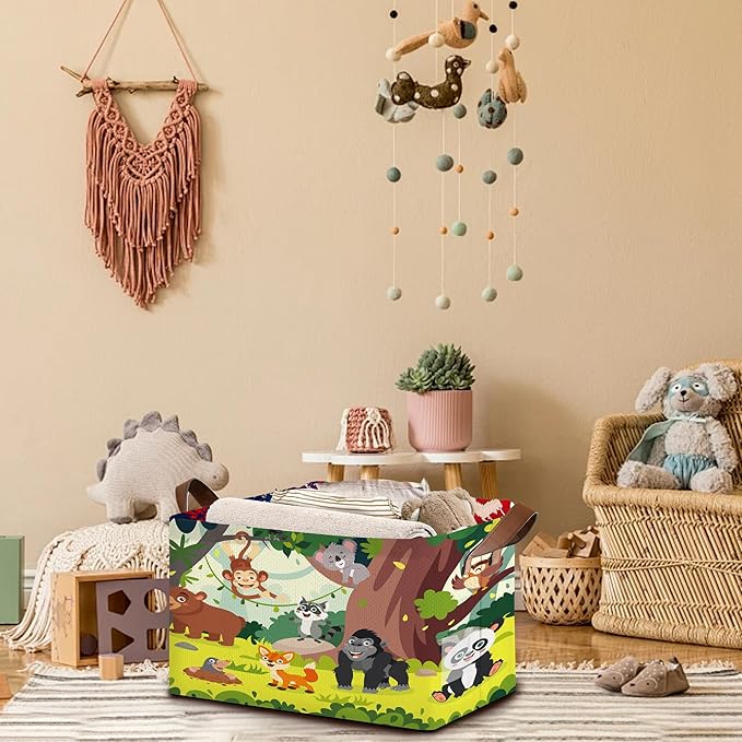 Animals Storage Basket Large 17x11.5x10.5 Inches - Collapsible Fabric Organizer Bin with Handles for Nursery,Kids Room,Toys - Foldable Decorative Hamper with Jungle Animal Pattern - Single Pack