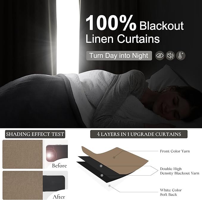 Rust Brown Short Small Window Room Darkening Curtains 54 Inches Long for Bedroom/Basement, Boho Linen Thermal&Soundproof Blackout Curtain Back Tab Pleated with Hooks Chocolate (50"Wx54L 2 Panels)