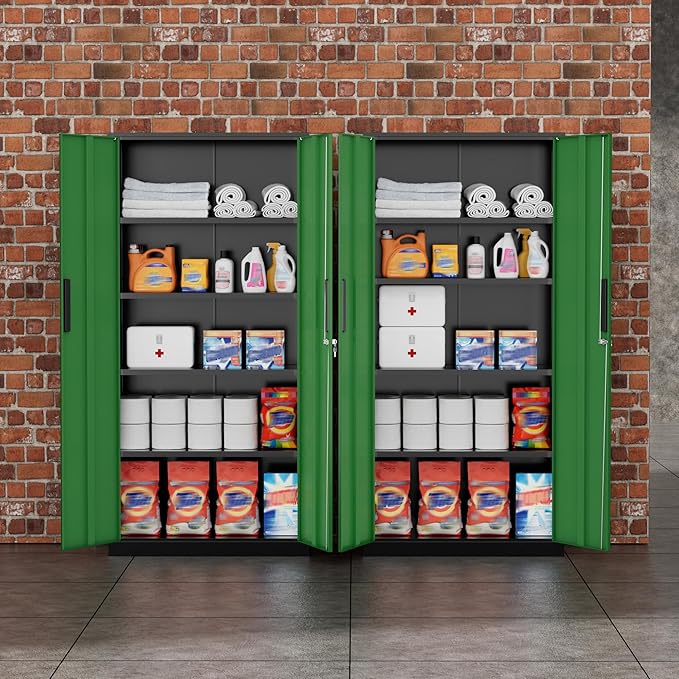 Greenvelly Metal Storage Cabinet, 72" Locking Metal Garage Storage Cabinet with Doors and 4 Adjustable Shelves, Lockable Steel Cabinet for Home Office, Garage, Shop, School (Green 32" W x 16" D)