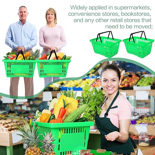 12 Pcs Shopping Baskets 20 L Plastic Store Retail Baskets with Handles 16.9 * 11.8 * 9.1 Inches for Market Grocery Supplies Thrift Convenience Storage(Green)