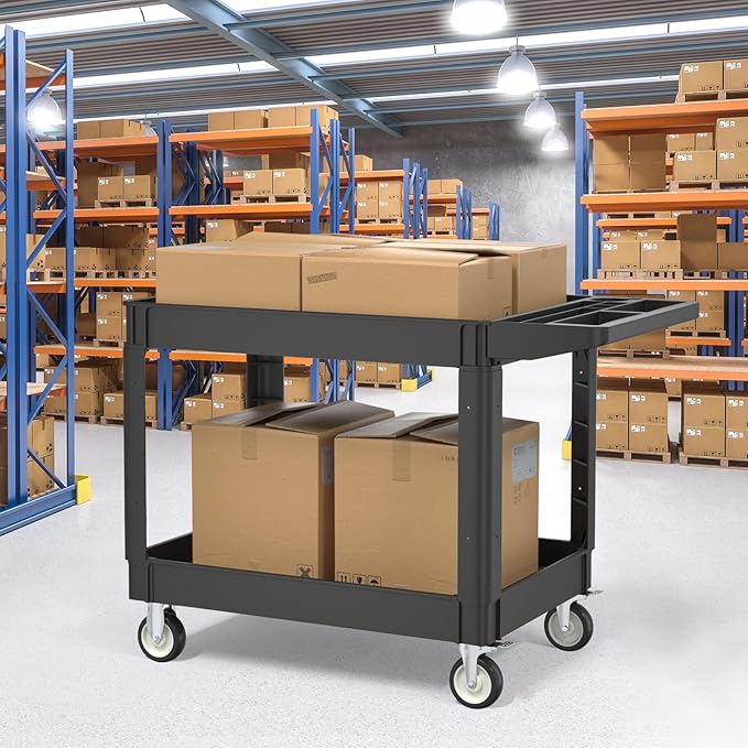 Utility Cart on Wheels, 2 Shelf Heavy Duty Plastic Rolling Cart, 550LBS Capacity Service Carts for Warehouse, Garage, School, Kitchens, Office(Black, 45.7)