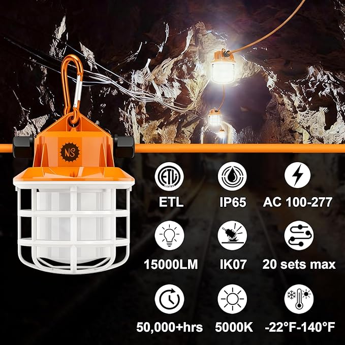 NS 50FT Construction String Lights LED Industrial Grade Super Bright 5000K IP65 Linkable for Construction Sites, Temporary Work, Renovation, Jobsite, All Outdoor Lighting, with 5 Bulbs and Hook