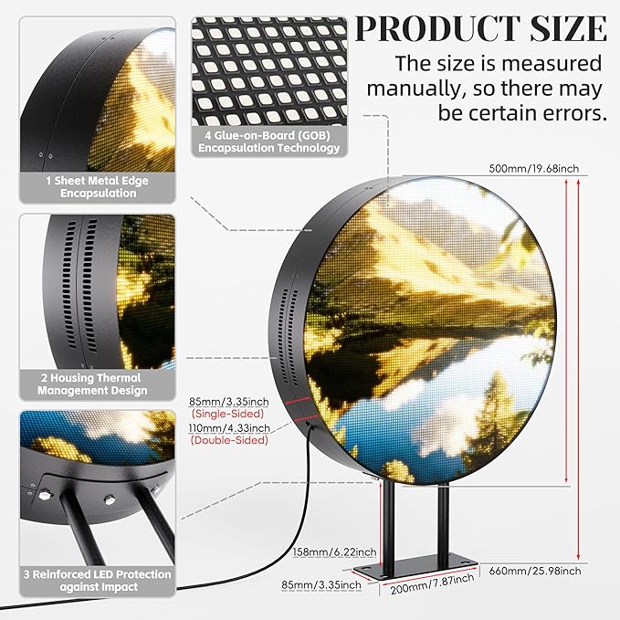 P5 Outdoor LED Light Box Sign Programmable, Round Double-Sided Full Color Custom Business Digital Display Screen, Image Video Signage Panel Board for Store Advertising Cafés, Bars 20"