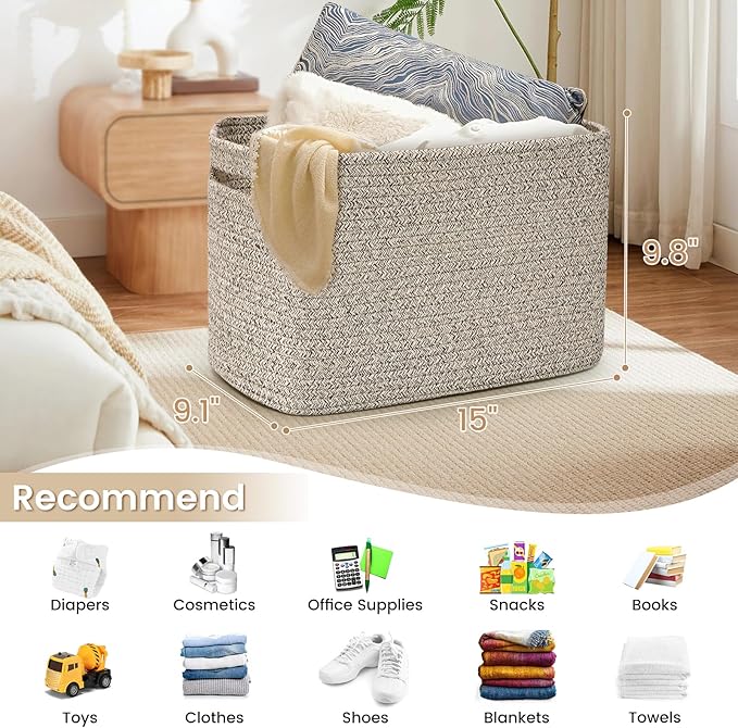 Shelf Woven Storage Basket, 15 x 10 x 9” Closet Rope Baskets For Organizing, Square Bins with Handles, Brown
