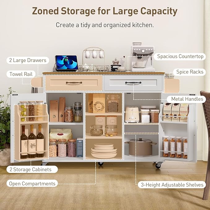 Kitchen Island with Power Outlets & Drop Leaf, Kitchen Cart with Storage, Drawer and Spice Rack, Tower Rack, Island Table, White and Walnut