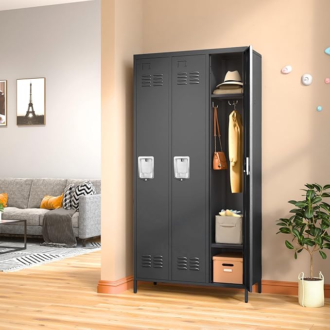 3 Doors Locker Storage Cabinet, Metal Locker for Employees, 72" Tall Lockers for Office School Gym Home, Require Assembly (Black)