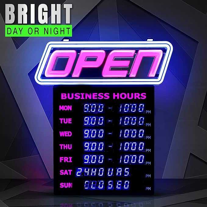 Super‑Bright LED Open Sign with Business Hours – Programmable App, 1000s of Color Combos, Neon Flash/Scroll Modes, Energy-Efficient Indoor Wall-Mount (15×16.5 in)