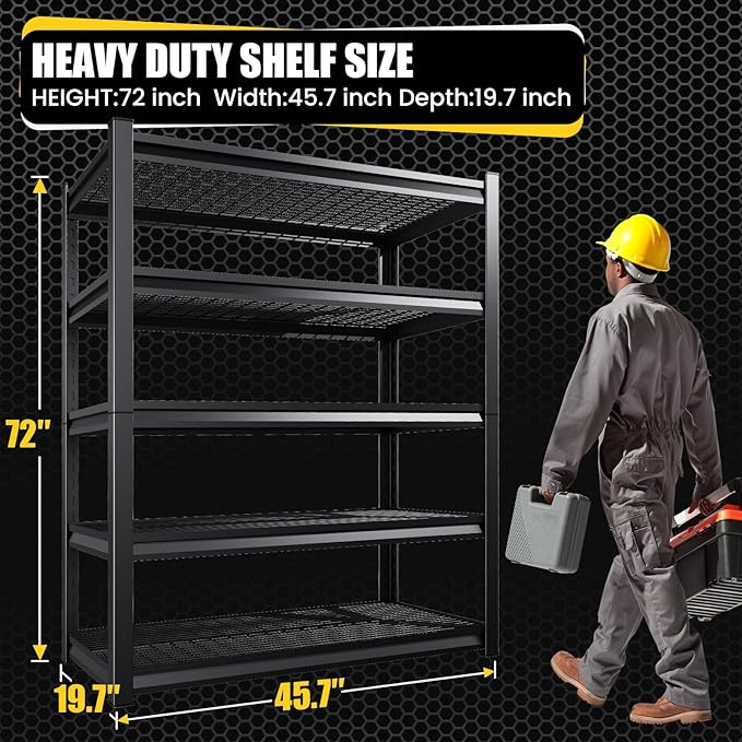 72”H*46”W Metal Garage Shelving Unit, Heavy Duty 5-Tier Garage Storage Shelves, 3000 lbs Large Industrial Shelving, Adjustable Wire Shelves Utility Rack Shelf, Steel Shelving for Warehouse, Black