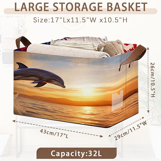Dolphin Sunset Storage Basket Large 17x11.5x10.5 Inche - Collapsible Beach Themed Organizer Bin with Handles for Bathroom,Nursery,Toys - Foldable Decorative Hamper with Ocean Wave Design - Single Pack