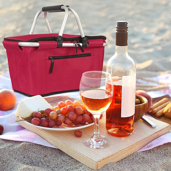 Picnic Basket, SIYUAN 27L Collapsible Insulated Farmers Market Basket for Shopping Traveling Large Grocery Tote Bag with Handles Red