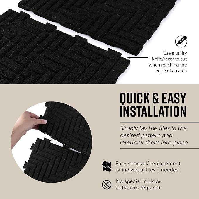 Playsafer Herringbone Rubber Interlocking Tiles | 16 X 16 | Easy Install for Indoor and Outdoor Use (Black, 10 Tiles)