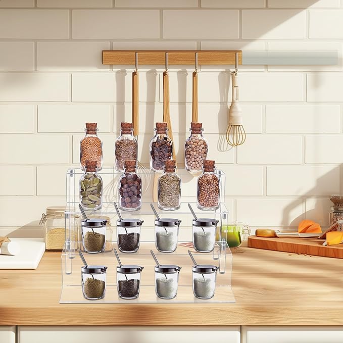 Acrylic Display Riser Stand, 4 Tier Cupcake Tower Stand, Clear Display Rack for Perfume,Figures,Spice, Tiered Spice Rack Organizer