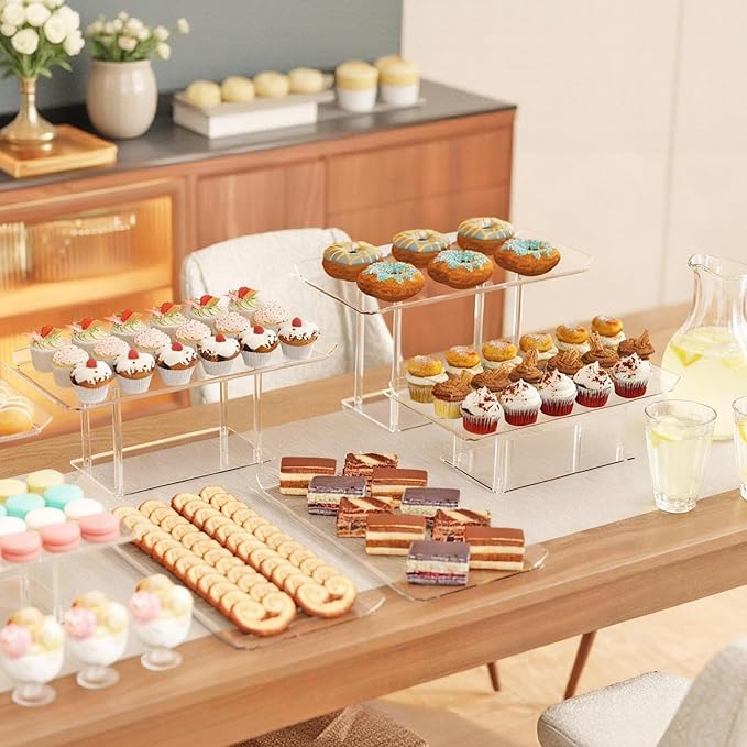 3 Pack Dessert Table Display Set, Clear Acrylic Desert Stands Buffet Risers for Cupcakes Dessert Pastry Food Treat Tier Cookie Dessert Platter Serving Trays Stand for Wedding Birthday Party
