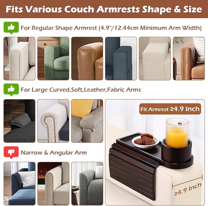 Couch Cup Holder Tray, 15.75" Bamboo Cup Holder for Couch, 3 in 1 Foldable Arm Chair Clip on Side Tray Table for Remote Snack Table on Armrest