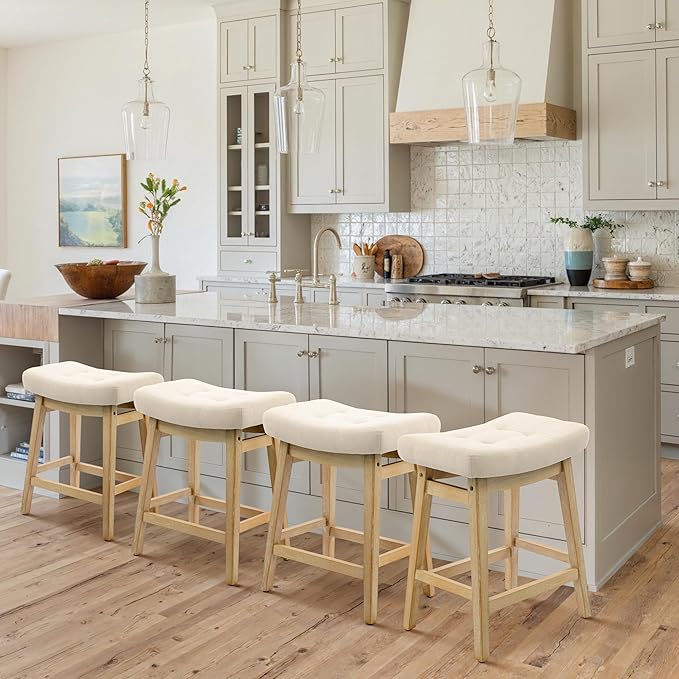 Counter Height Bar Stools Set of 4 for Kitchen Counter, Backless Farmhouse Kitchen Island Barstools with Upholstered Fabric Saddle Seat and Solid Wood Legs Modern 24 inch Bar Chairs, Khaki