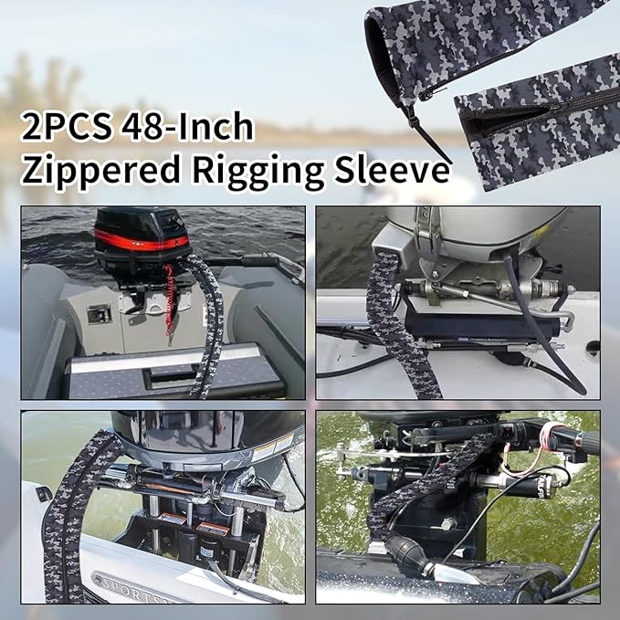 2PCS 48-Inch Trolling Motor Cable Sleeve,Zippered Rigging Sleeve,Made of Neoprene Thick Trolling Motor Sleeve,Great for Cover Wire and Extension Cords (Camouflage Blue)