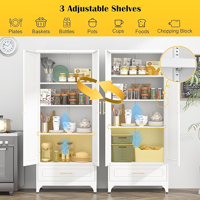 Metal Storage Cabinet with Drawers,75Inch White Pantry Cabinets for Kitchen Storage with 3 Adjustable Shelves,Tall Kitchen Pantry Cabinet for Living Room, Dining Room Office