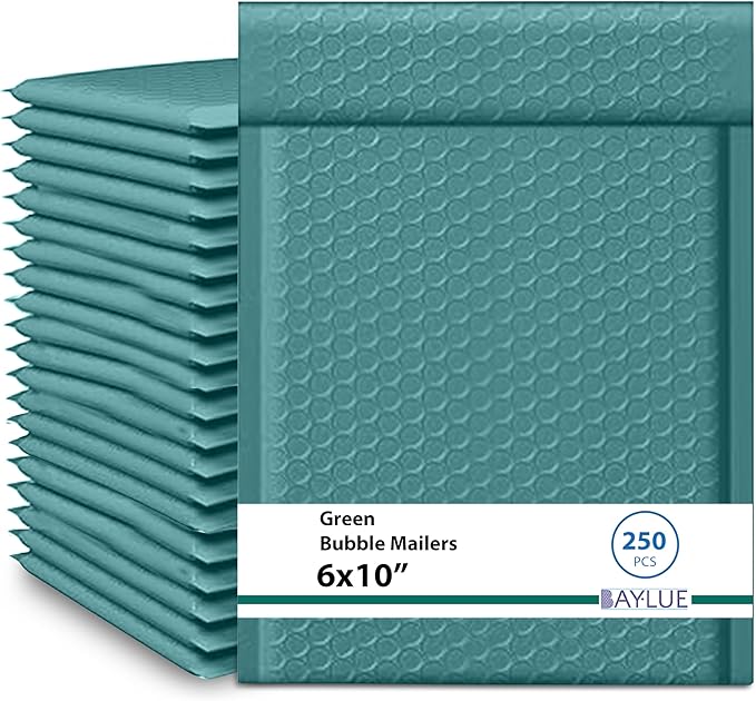 Green Small Poly Bubble Mailers 6x10 inch #0 | Self Seal Padded Envelopes | Cushioned Bubble Mailer | Usable Size 6x9 | WaterProof | Lightweight mailing Shipping Bags | 250 Pack Bulk