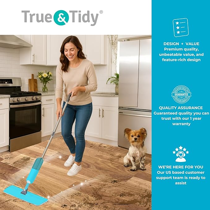 True & Tidy® SPRAY-250 Multi-Surface Spray Mop with Refillable Water Bottle for Floor Cleaning, Works on Wood, Tile, Marble etc, Use Any Cleaning Solution, Machine Washable Microfiber Mop Pads, Blue
