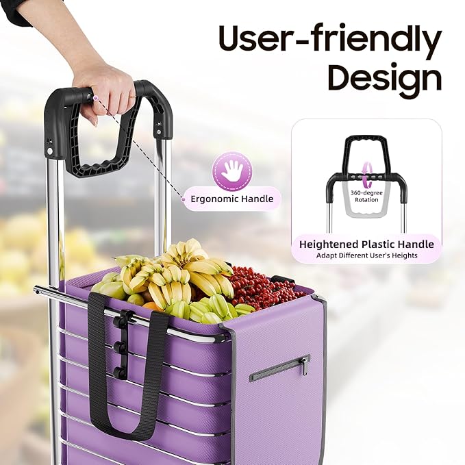Folding Shopping with Waterproof Liner & 360° Swivel, Cart Grocery Trolley Laundry Stair Climbing Handcart W/ 6/8 Wheels,Silver