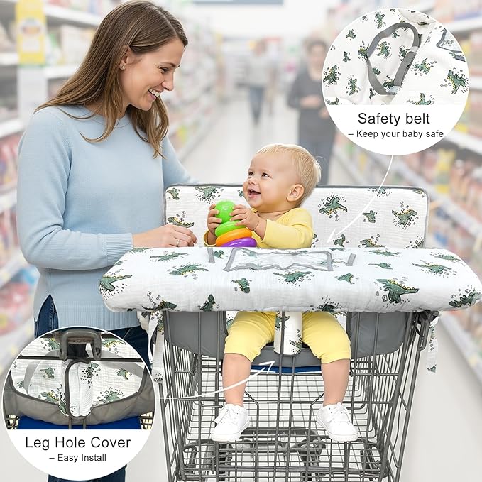 Muslin Shopping Cart Cover for Baby Soft & Breathable High Chair Covers for Restaurant Seat Grocery Cart Cover with Storage Pocket Machine Washable for Infant Toddler Boy and Girl, White