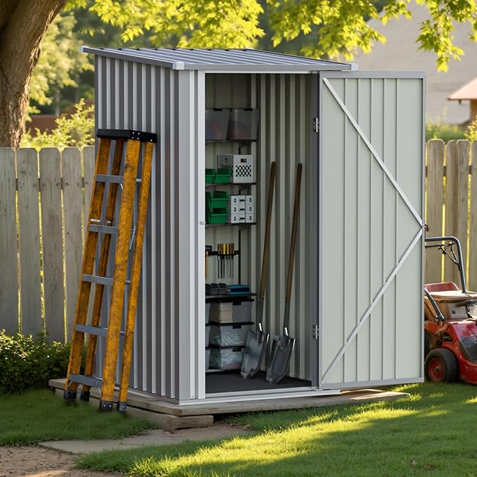 Greesum 3×3FT Outdoor Storage Shed, Metal Sheds with Sloping Roof and Lockable Single Door, Steel Tool Shed for Backyard, Bike, Patio, Garage, Lawn, Dark Gray