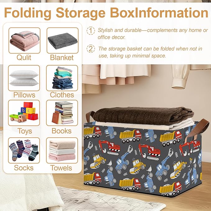 Excavator Car Storage Bins with Handles, Collapsible Storage for Clothes, Gift Basket, Blankets & Closet Organization