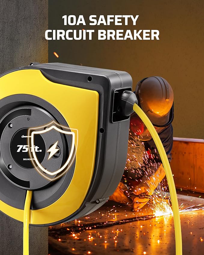 DEWENWILS Retractable Extension Cord Reel, 75 FT Heavy Duty Power Cord, 14/3C SJTOW Retractable Cord Reel, Lighted Triple Outlets, 10A Circuit Breaker, Wall/Ceiling Mount, UL Listed, Yellow