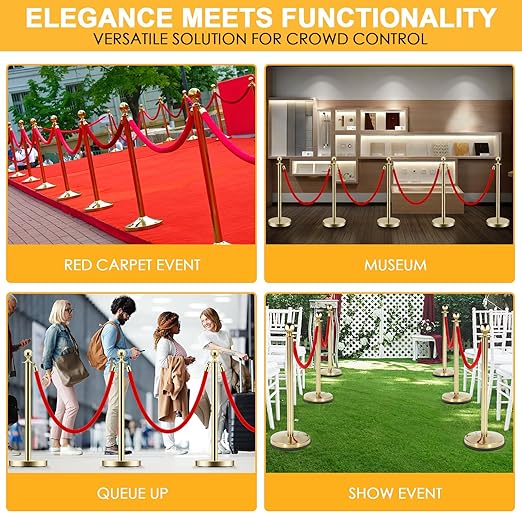 LOVMOR 8 PCS Stainless Steel Stanchion Post Queue 5 ft Red Velvet Rope Red Carpet Ropes and Poles Crowd Control Barriers for Red Carpet Themed Decoration