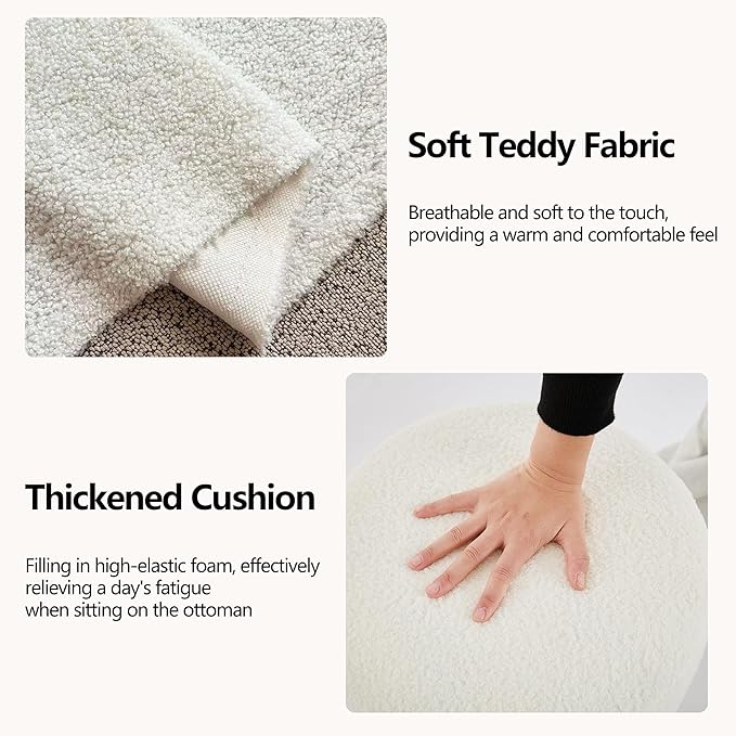 Modern Round Ottoman 2Pcs, Classic Foot Stool Ottoman, Teddy Fleece Upholstered Vanity Stool for Makeup, Bedroom, Living Room, White