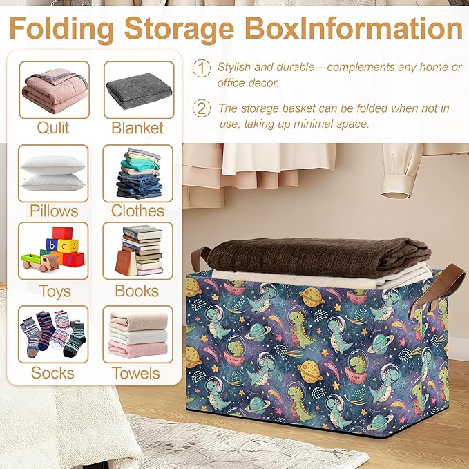 Decorative 32L Space Dinosaur Storage Bins with Handles, Organization and Storage, Cube Storage Organizer for Hamper, Nursery