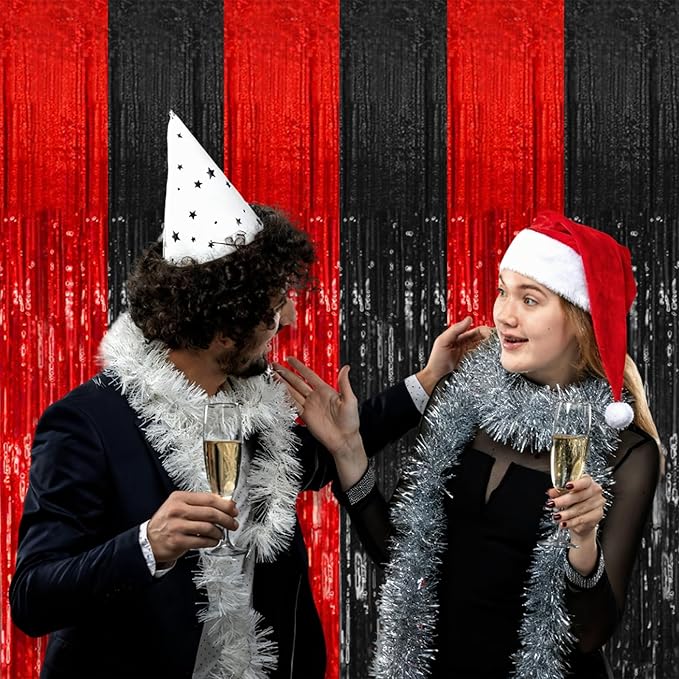 10 Pack Black and Red Party Backdrop Streamers Decorations Foil Fringe Curtains Metallic Tinsel Backdrop for Birthday Halloween Christmas New Year Fancy Ball Graduation Party Decor