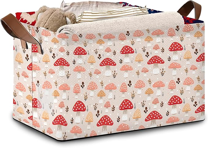 Red Mushroom Storage Basket Large 17x11.5x10.5 Inches - Collapsible Fabric Organizer Bin with Handles for Kids Room, Nursery, Toys - Foldable Decorative Hamper with Cute Mushroom Design - Single Pack