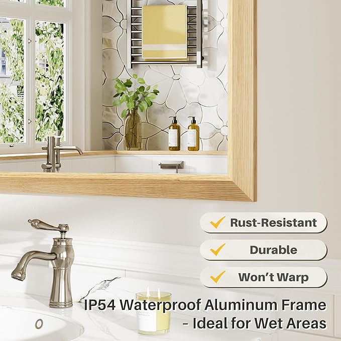 60x40 Inch Bathroom Mirror for Wall, Anti-Rust Oak Wood Grain Metal Framed Bathroom Mirrors for Over Sink,Rectangler Mirrors for Bathroom Vanity, Farmhouse, Bedroom, Living Room, Entryway Decor