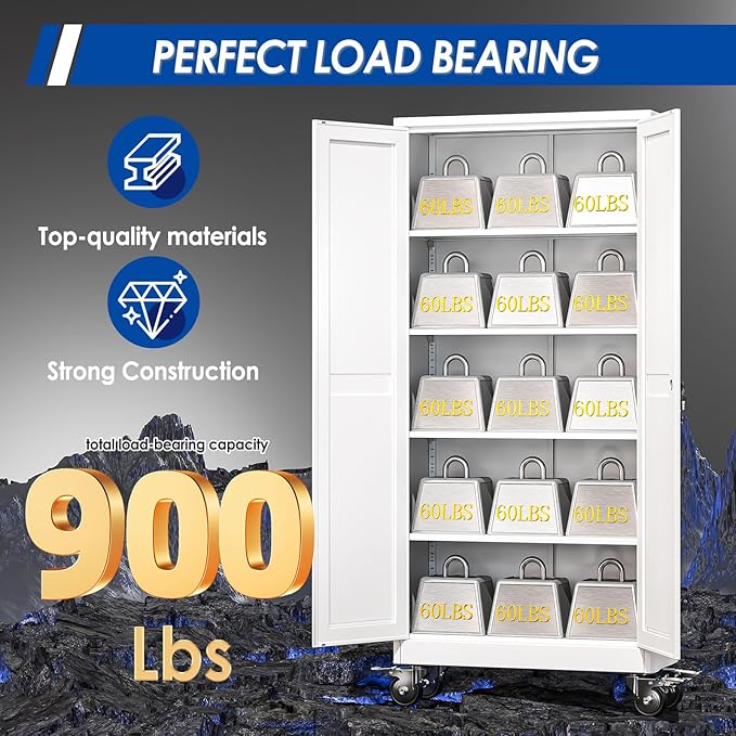 Metal Garage Storage Cabinet with Lock, Steel Tool Cabinet with 2 Door and 4 Adjustable Shelves, 71” Tall Lockable File Cabinet with Wheels, Rolling Cabinet for Home Office Garage Gym - White