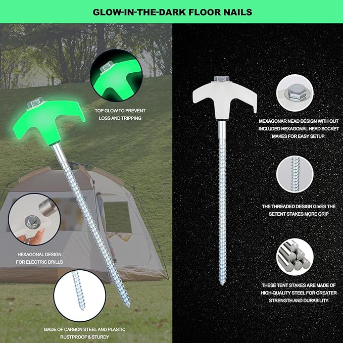 20 Pack Screw in Tent Stakes Heavy Duty,8 ’’ Ground Anchors Screw in,Metal Stakes with Hex Head Driver and Sturdy Storage Box. (20, Luminous White)
